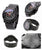 Schwarze Chronographenarmbanduhr mit Gliederband, Seitenansicht und Rückseite mit Gravur