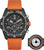 Montre bracelet pour homme avec bracelet orange, boîtier noir et découpe détaillée sur le devant