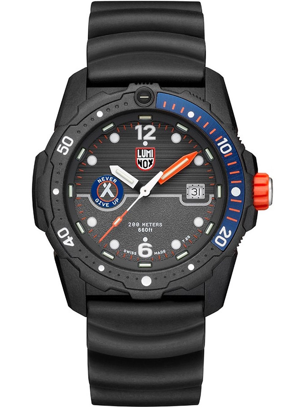 Herren-Armbanduhr mit schwarzem Kautschukband, blau-orangem Zifferblatt, Datumsfenster