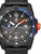 Herren-Armbanduhr mit schwarzem Carbon-Gehäuse, blau-orangem Lünette, Datumsfenster