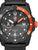 Herrenarmbanduhr mit schwarzem Gehäuse, orangefarbenem Ziffernring und Datumsfenster