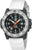 Montre homme avec bracelet en silicone blanc, cadran noir et aiguilles orange.