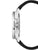 Herren-Armbanduhr seitlich: silbernes Stahlgehäuse mit Krone, schwarzes Textilarmband