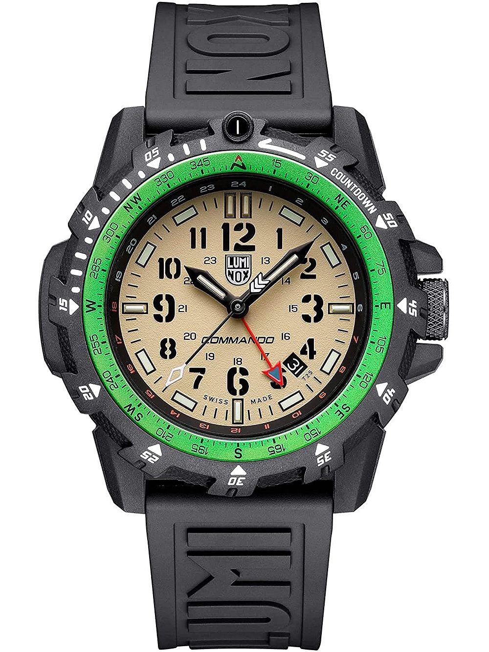 Herren-Armbanduhr mit schwarzem Gehäuse, beigem Zifferblatt und grüner Leuchtanzeige