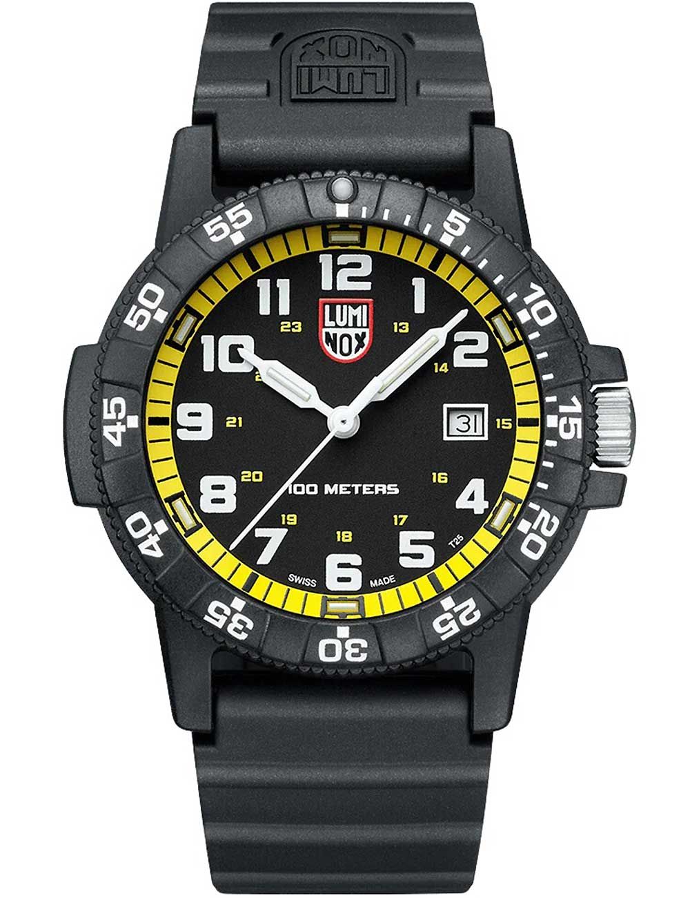 Herrenuhr mit schwarzem Silikonarmband, schwarzem Zifferblatt, gelber Lünette und Datumsfenster