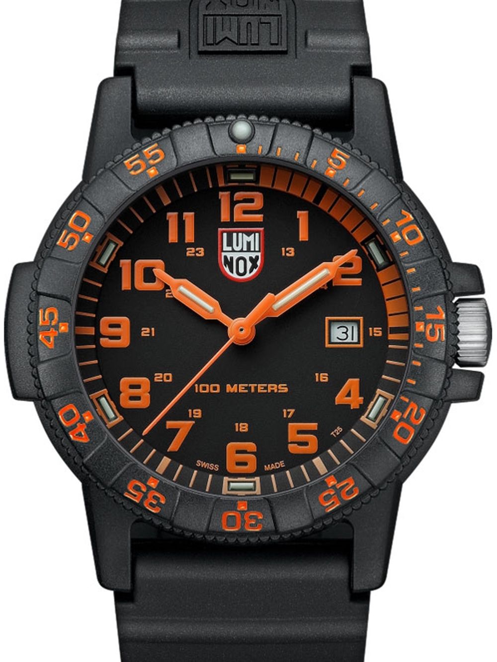Luminox Herrenarmbanduhr mit schwarzem Carbonox-Gehäuse und schwarzem Silikonband, orange Zifferblatt