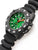 Herrenarmbanduhr Luminox mit grünem Zifferblatt, schwarzem Band und gebogener Krone.