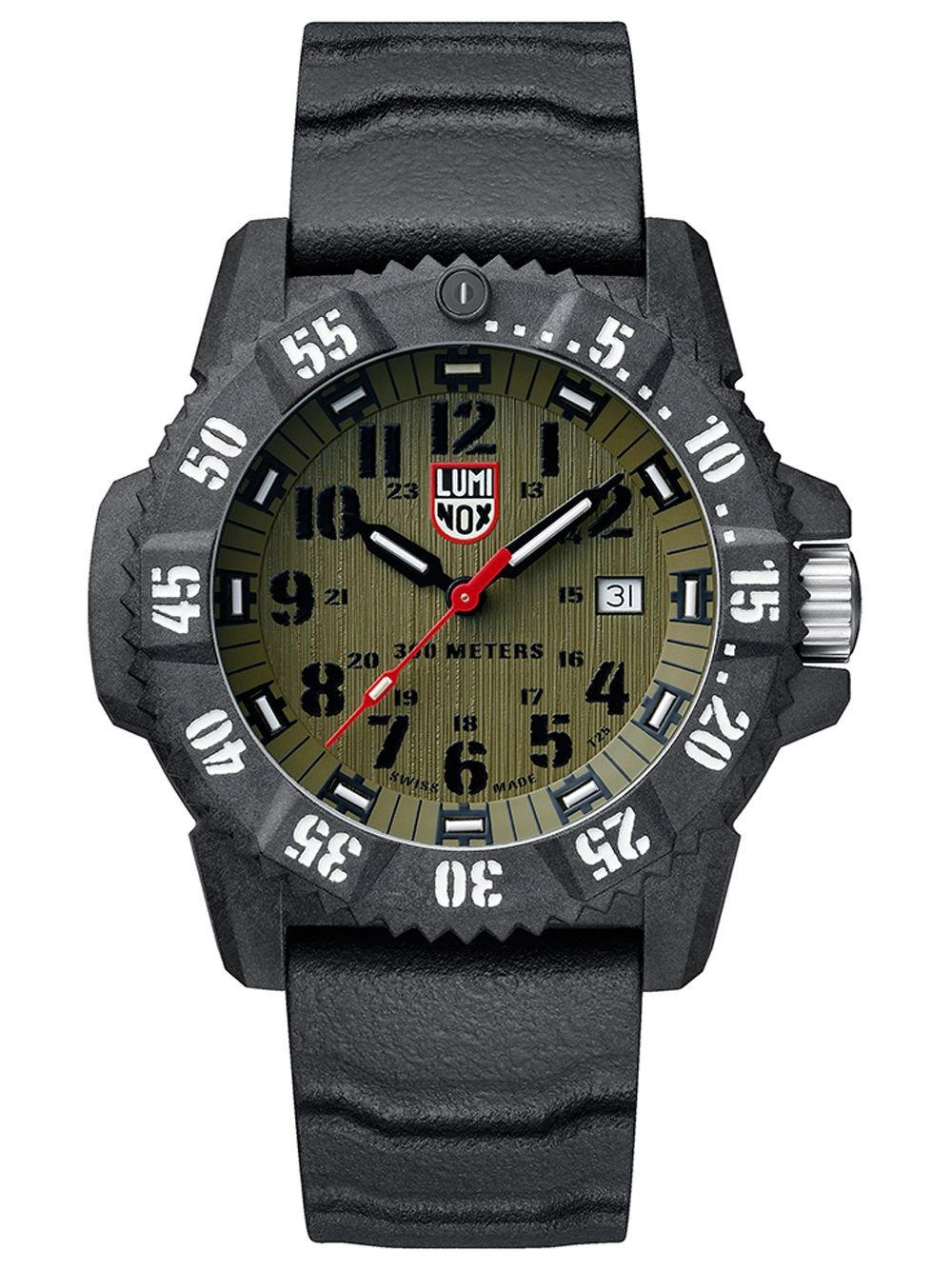 Herrenuhr mit grünem Zifferblatt, schwarzem Karbongehäuse, roten Zeigern und Datumsfenster