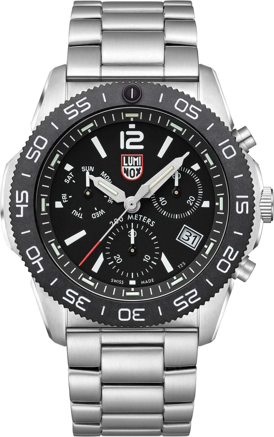 Montre chronographe pour homme avec bracelet en acier inoxydable, cadran noir et index luminescents