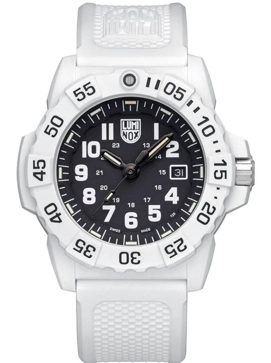 Montre Luminox pour homme avec boîtier blanc, cadran noir et guichet date