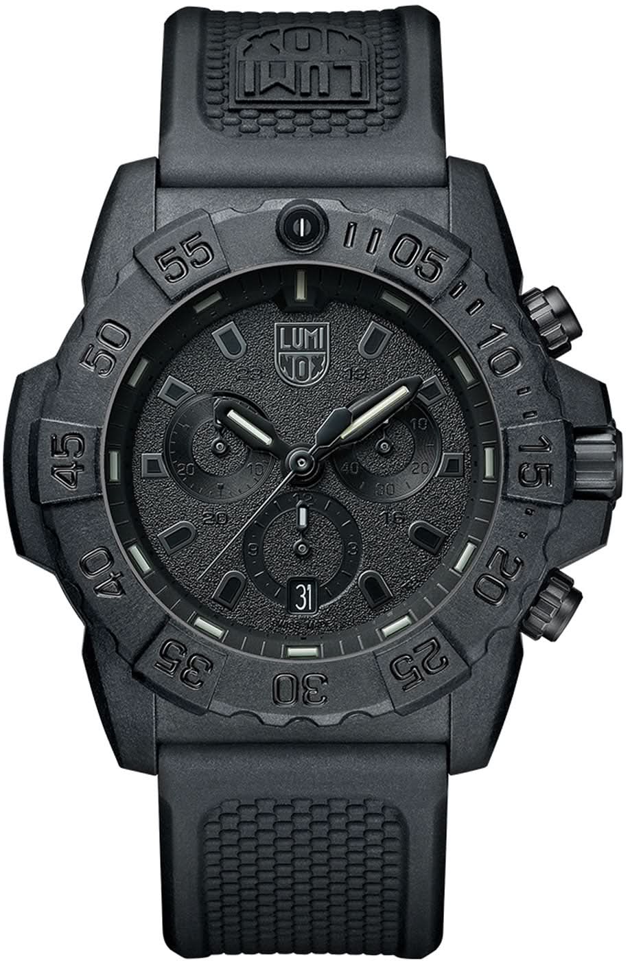 Chronographe pour homme avec cadran noir, boîtier Carbonox et bracelet en caoutchouc