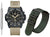Montre pour homme avec bracelet beige et cadran noir, vue de face et bracelet
