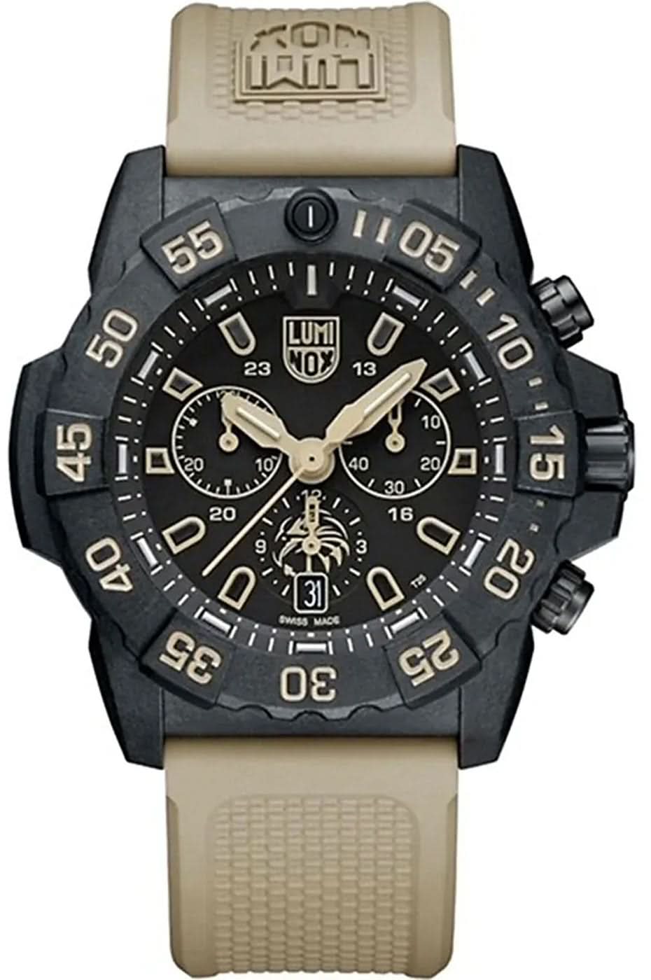Bracelet de montre pour homme avec bracelet beige, cadran noir et index luminescents, disposition chronographe