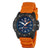 Montre pour homme avec bouton latéral, boîtier noir, cadran bleu et bracelet orange
