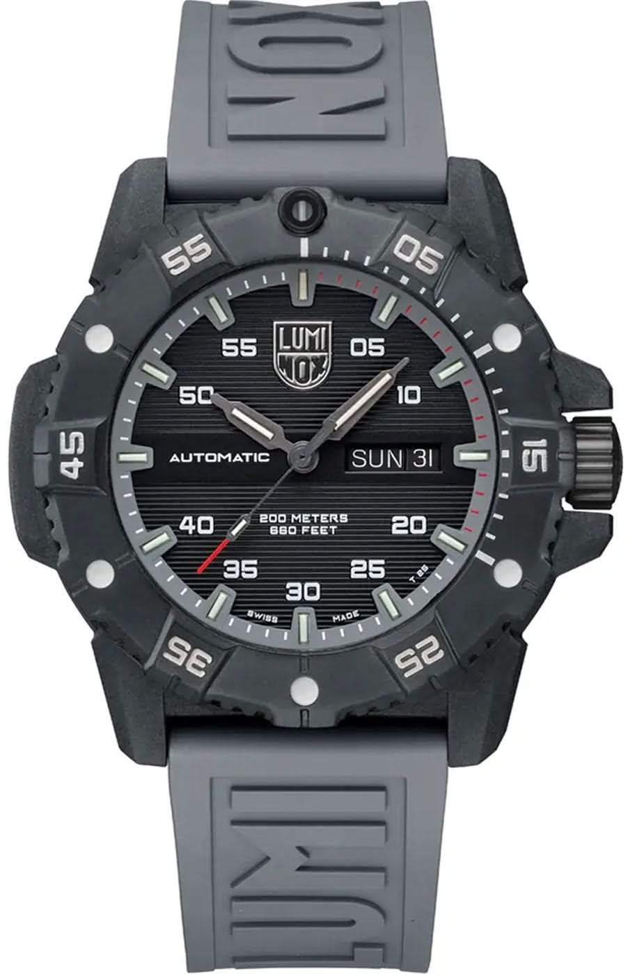 Sportliche Herrenuhr mit schwarzem Ziffernblatt und grauem Silikonarmband, Automatik.