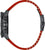 Boîtier de montre de côté avec lunette rouge et bracelet noir, points de visibilité des vis