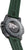 Herrenuhr mit grüner Bandansicht und Sicht auf das Gehäuseinnere/Mechanik auf der Rückseite.