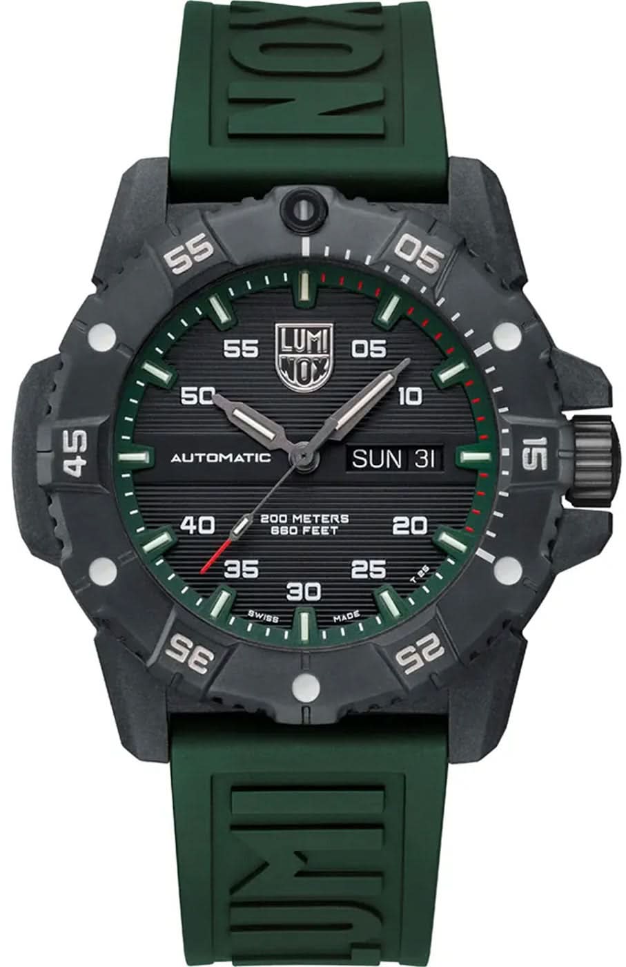 Herrenuhr mit schwarzem Gehäuse, grünem Ziffernblatt und grüner Silikonarmband-Uhr mit Datum 31.