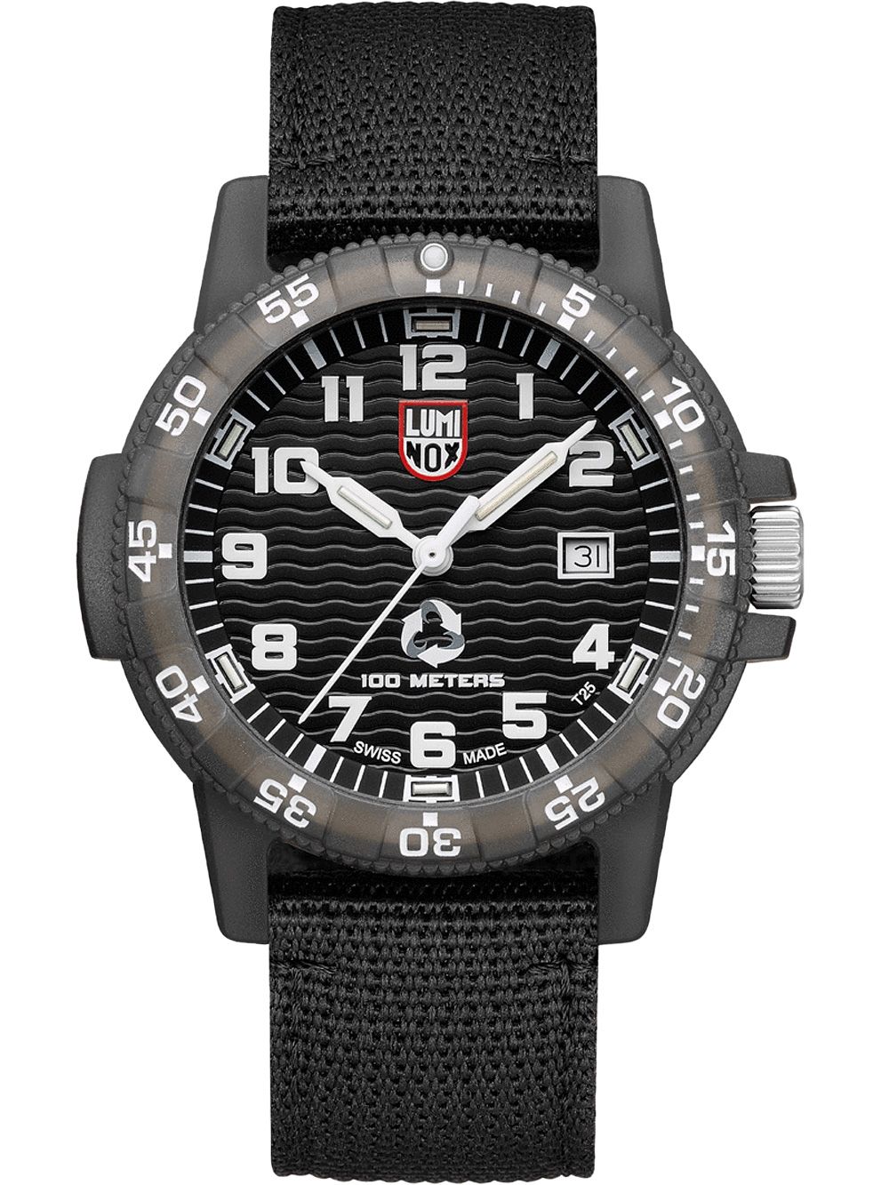 Luminox Herrenarmbanduhr mit schwarzem Zifferblatt, geriffelter Lünette und schwarzem Stoffband