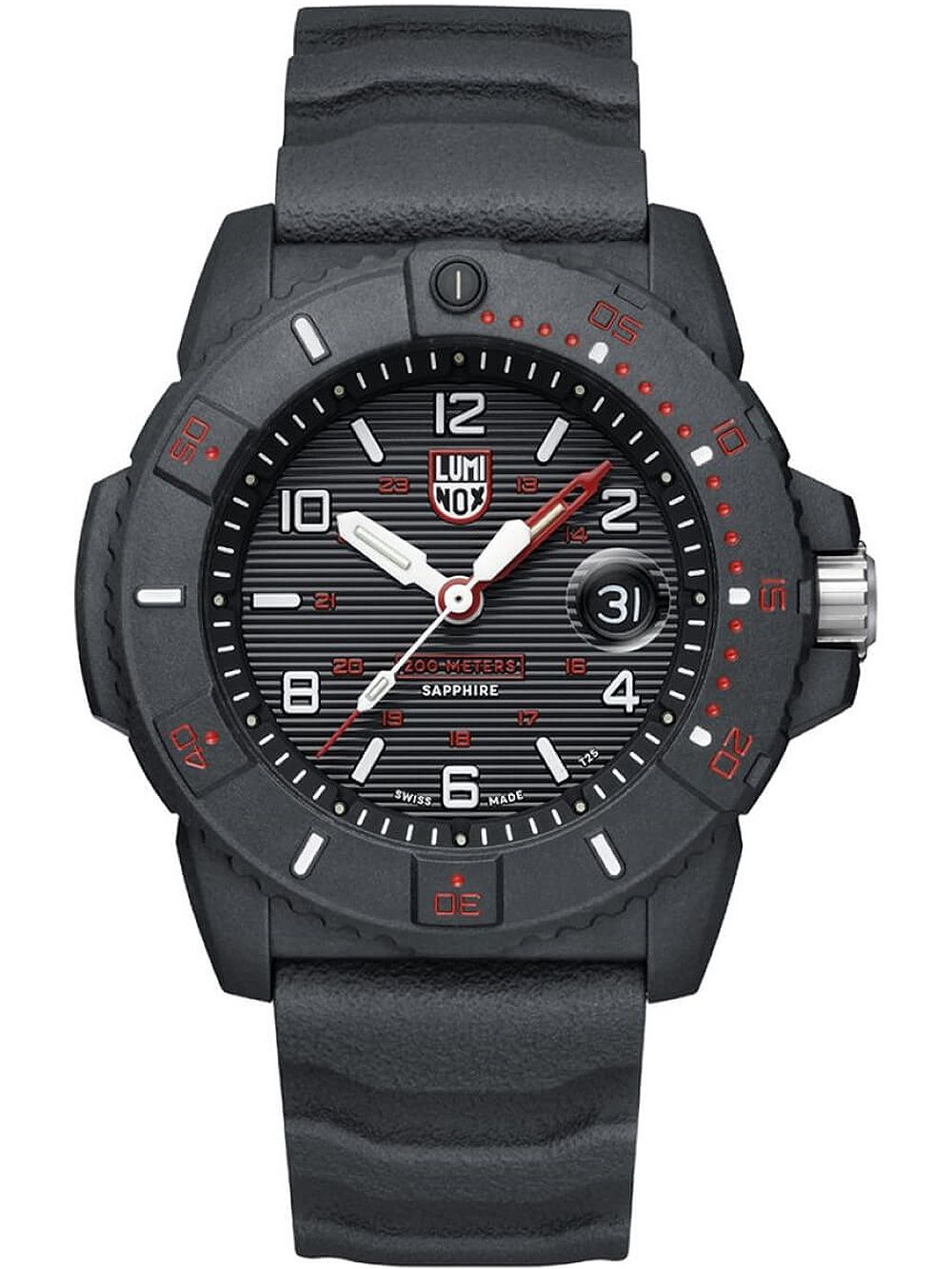 Schwarze Herrenuhr mit schwarzem Kautschukband, Zifferblatt mit roten Markierungen und Datum