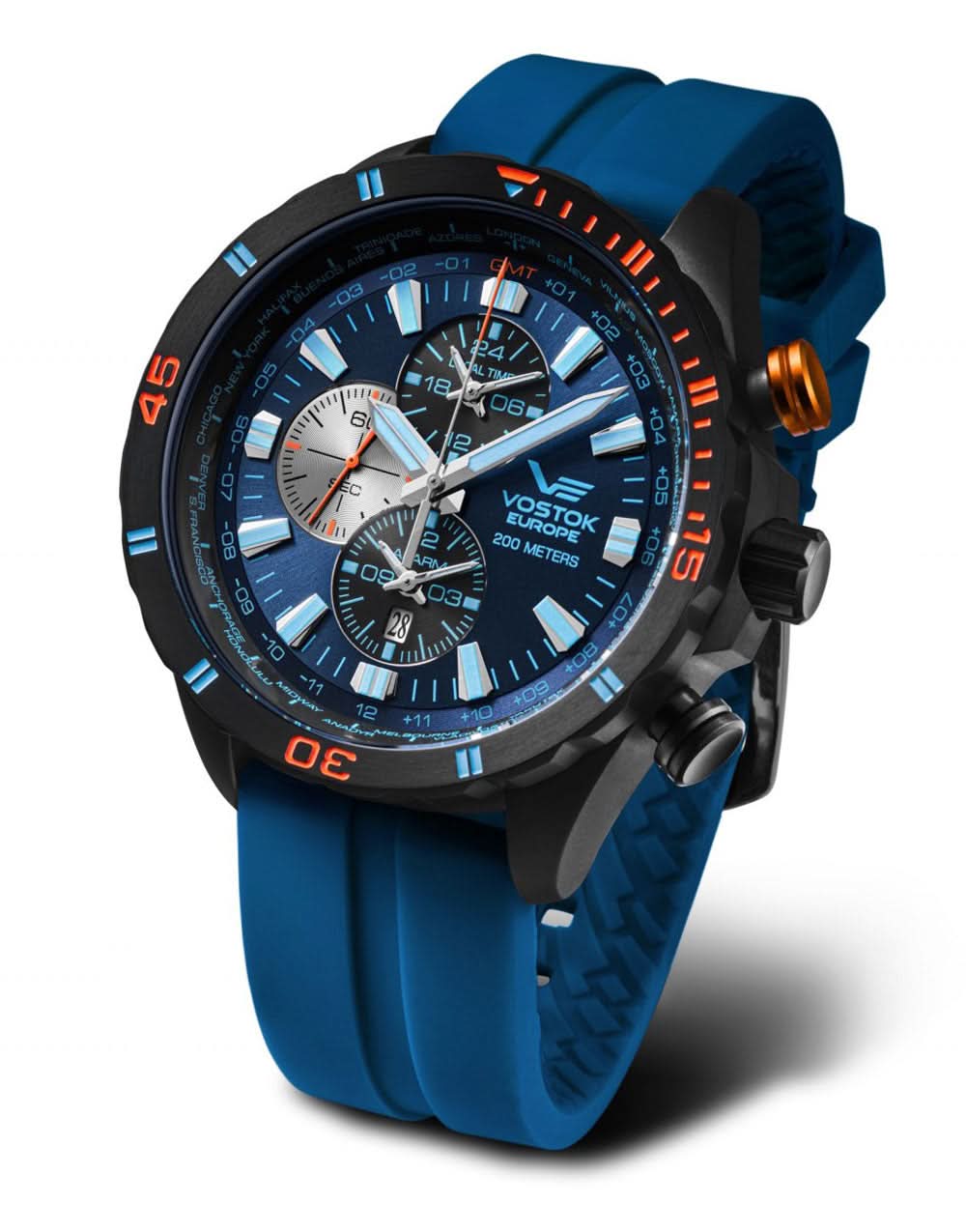 Montre homme avec bracelet en silicone bleu, boîtier noir et cadran bleu