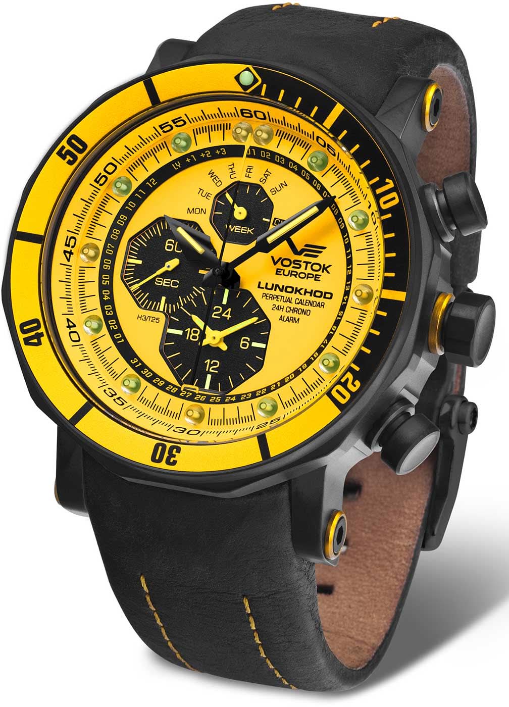 Bracelet de montre pour homme avec boîtier noir, cadran jaune, bracelet en cuir noir