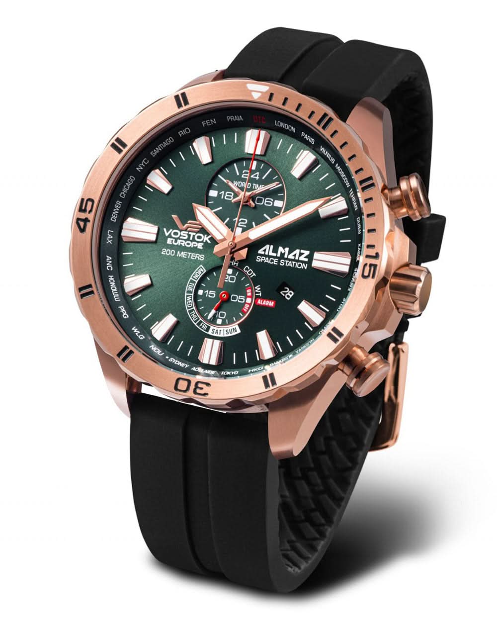 Bracelet de montre pour homme avec bracelet en silicone noir, lunette or rose et cadran vert