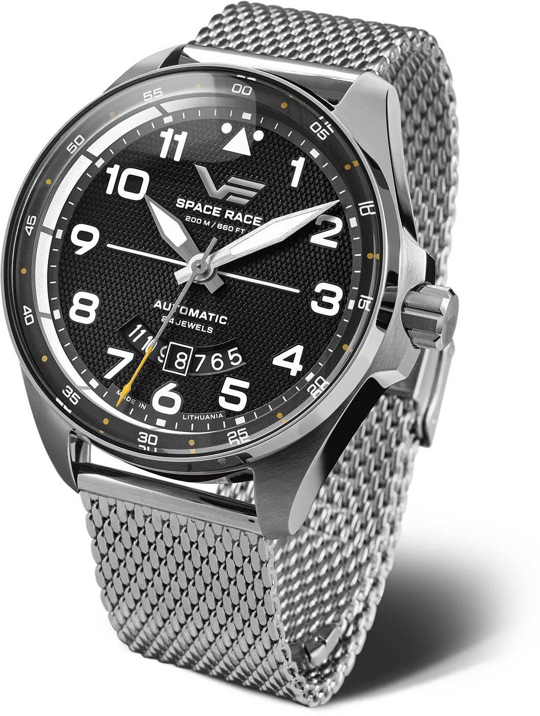 Herrenuhr mit schwarzem Zifferblatt und silbernem Edelstahl-Meshband, runde Lünetten