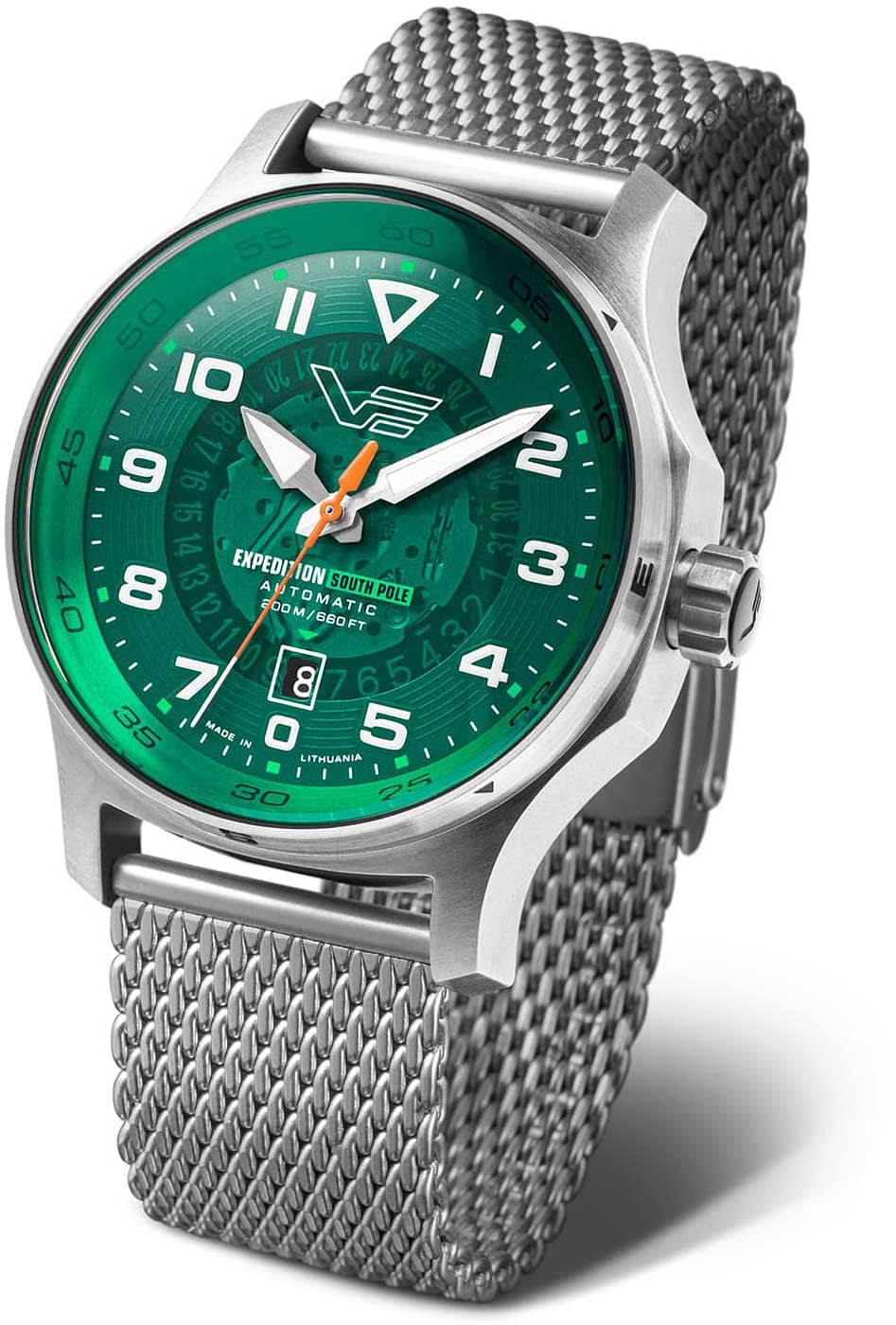 Montre homme avec cadran vert et bracelet en métal argenté, lunette ronde