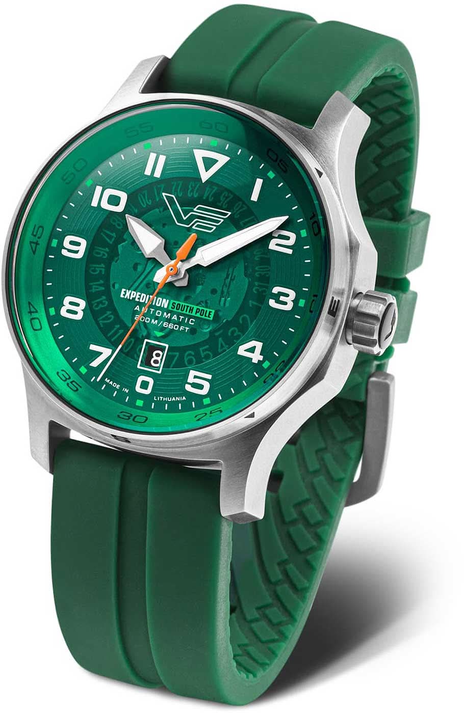 Herrenuhr mit grünem Zifferblatt und grünem Silikonarmband, Metallgehäuse und Zeigern
