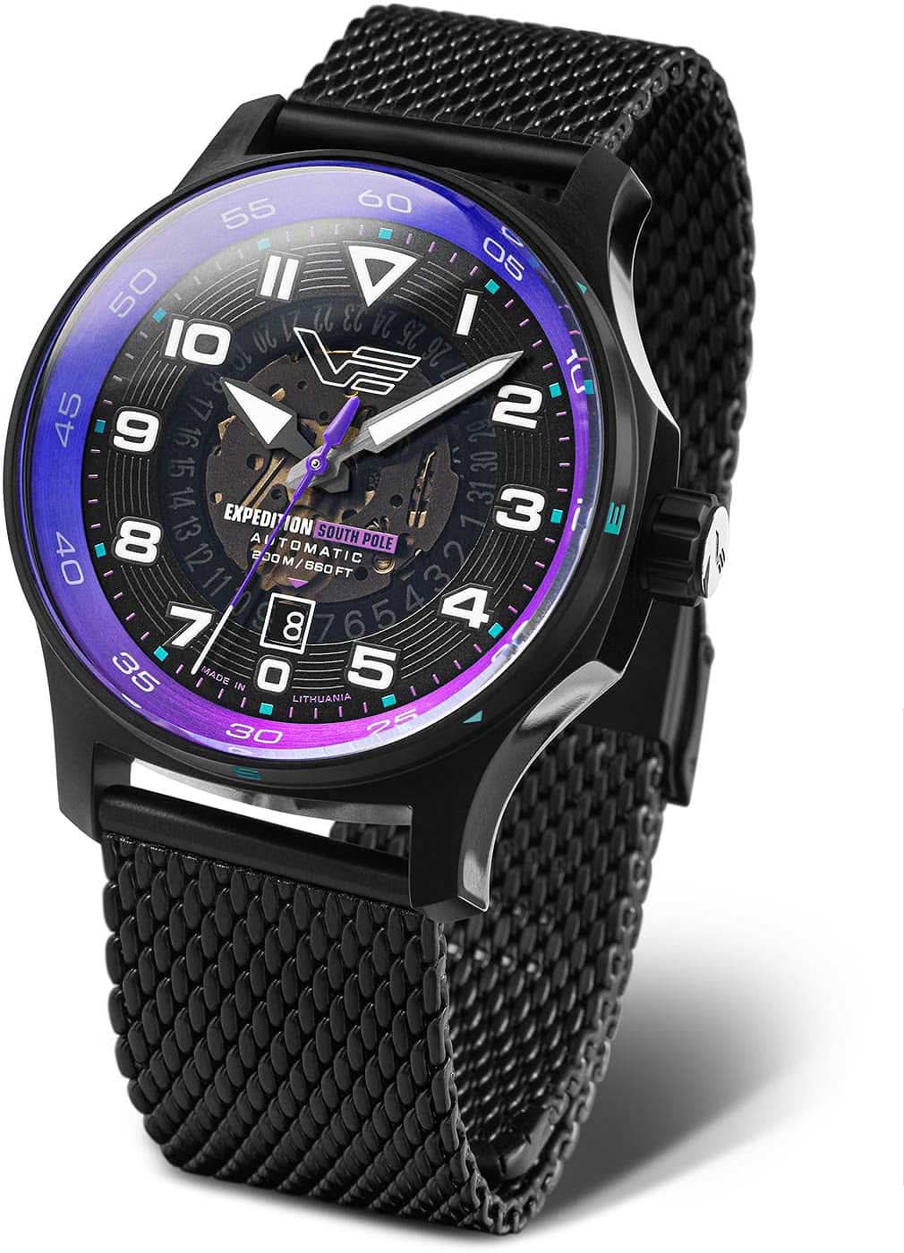 Bracelet de montre pour homme en métal noir, cadran et aiguilles violets