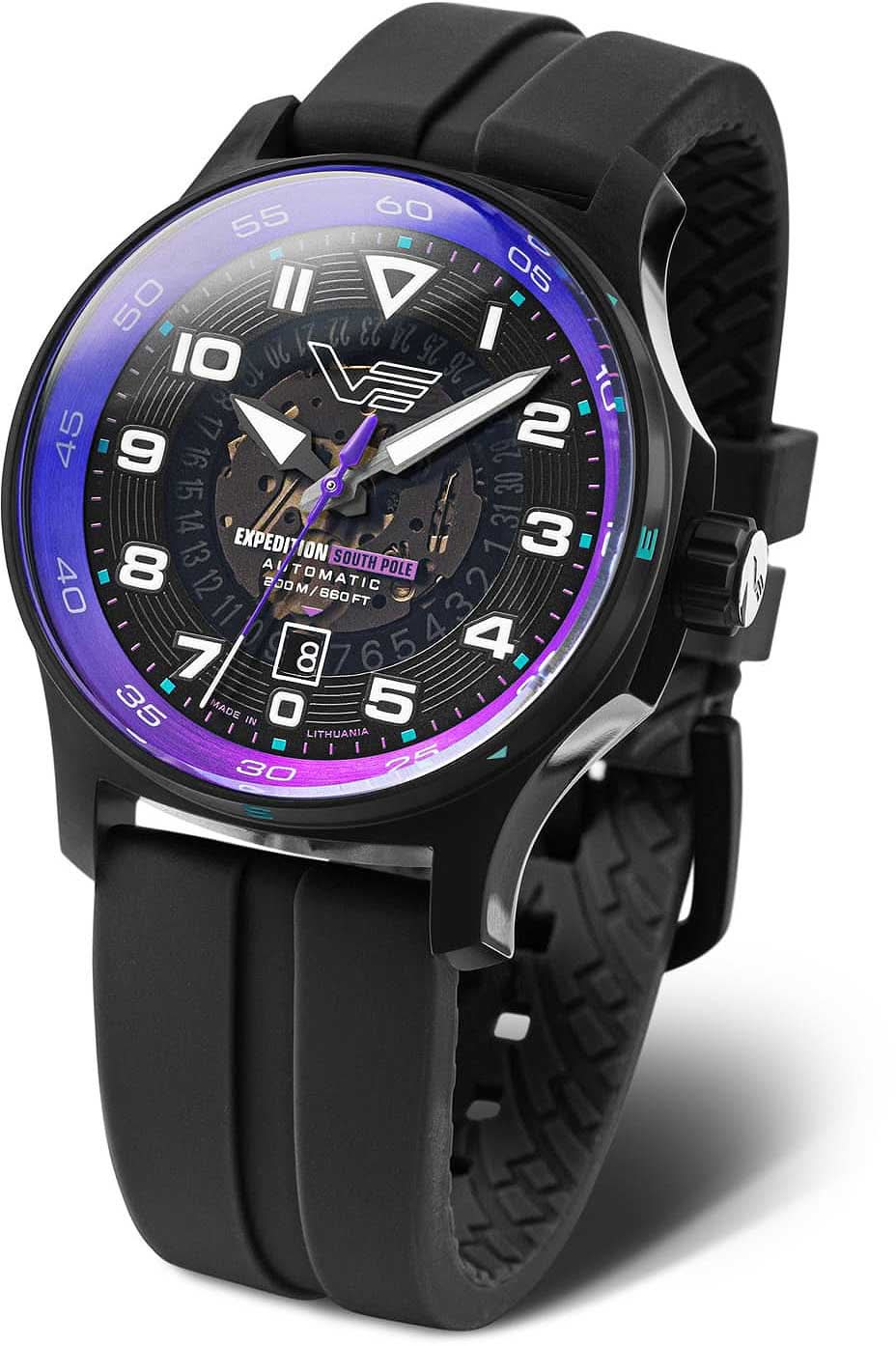 Montre homme avec cadran noir, lunette violette et bracelet en caoutchouc noir