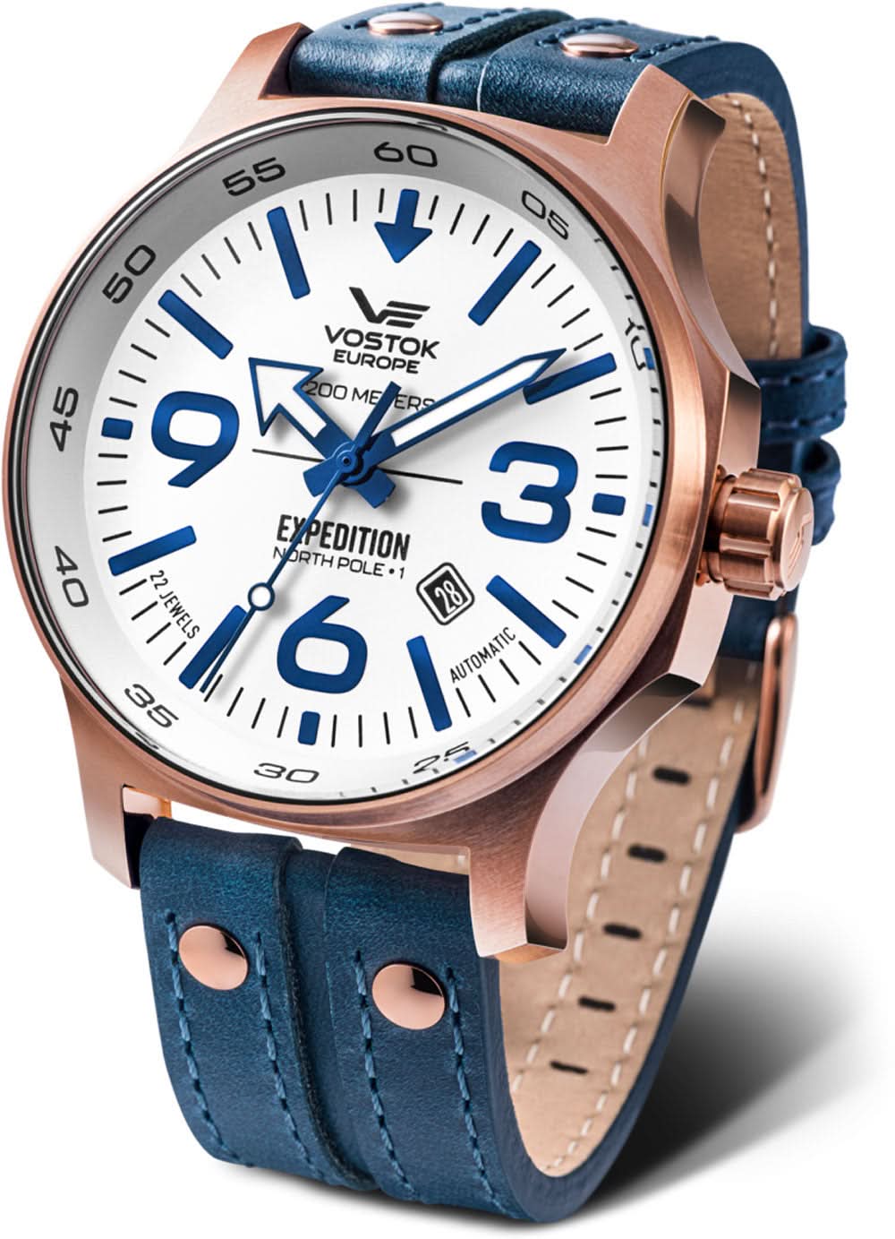 Montre homme avec cadran blanc, anneau d'accent bleu et bracelet en cuir bleu, lunette or rose