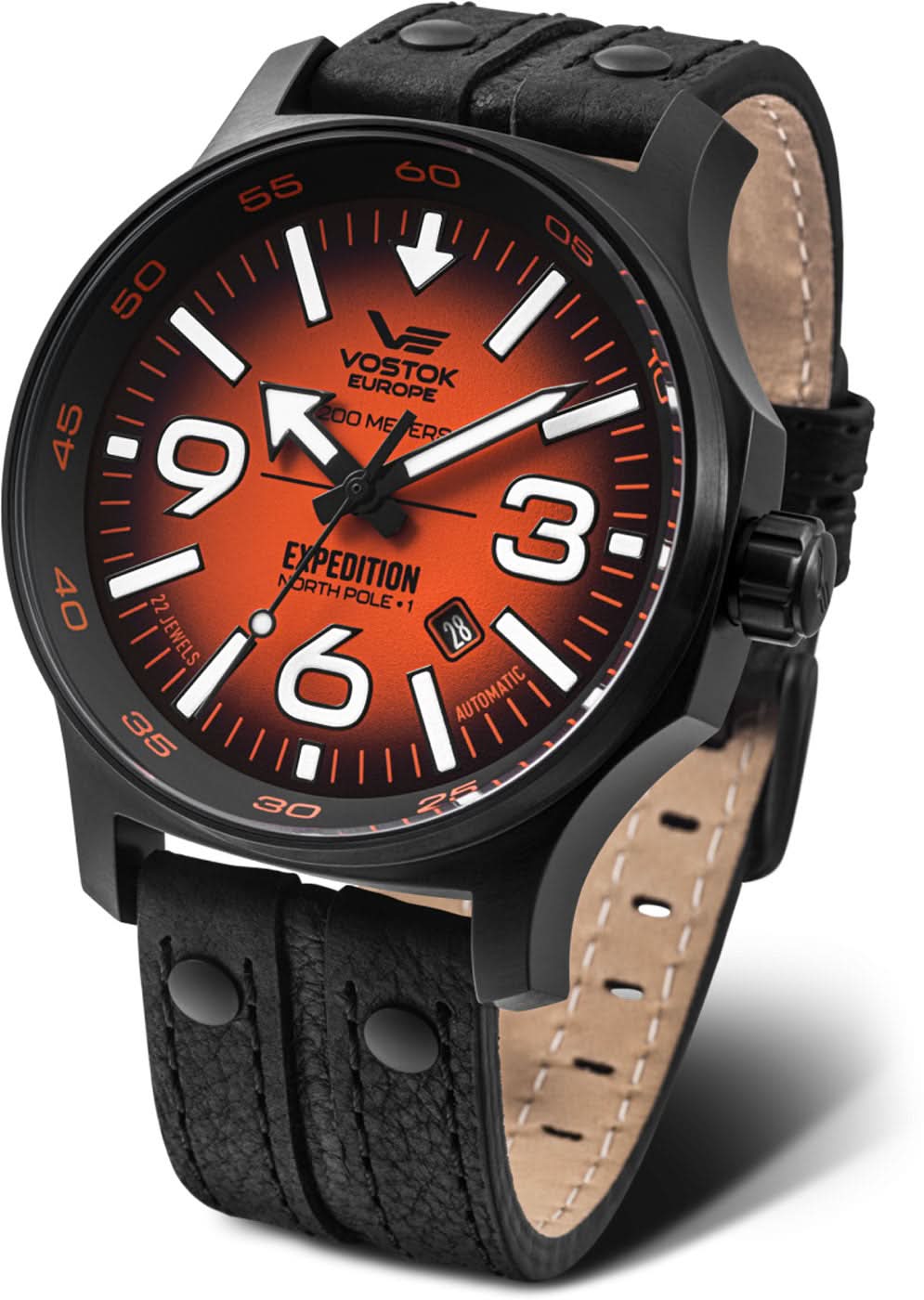 Montre homme : bracelet en cuir noir, cadran noir avec index rouges