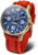 Montre homme avec cadran bleu, boîtier doré et bracelet en silicone rouge