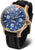 Montre homme avec cadran bleu, boîtier doré et bracelet en silicone noir