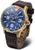 Montre homme avec cadran bleu, boîtier doré et bracelet en cuir marron