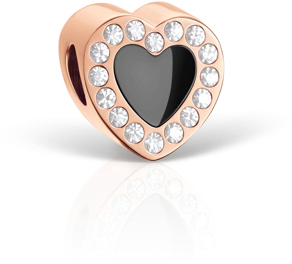 Charm cœur en acier inoxydable couleur or rose avec insert noir et zirconias cubiques transparents