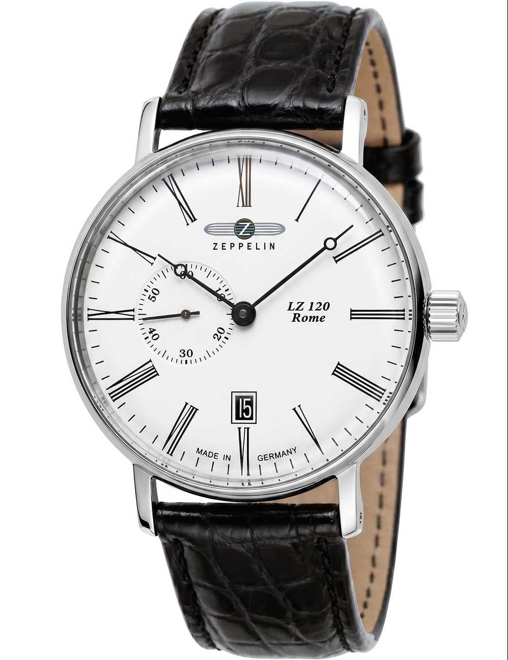 Zeppelin Herrenuhr mit silbernem Gehäuse, weißem Zifferblatt und schwarzem Lederband
