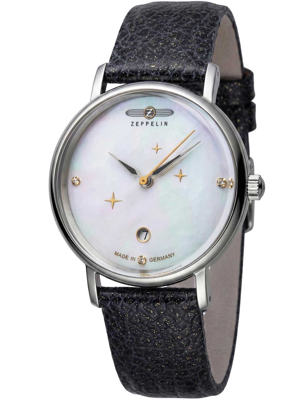 Damenuhr mit schwarzem Lederarmband, silbernem Gehäuse und hellem Zifferblatt
