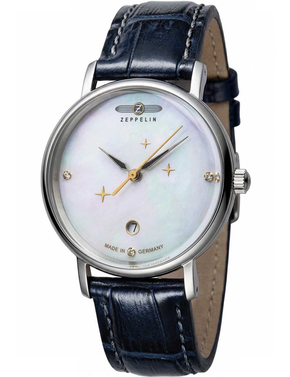 Zeppelin Damenuhr mit blauem Lederarmband und rundem Edelstahlgehäuse, silbernes Zifferblatt