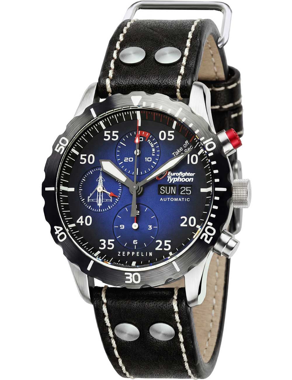 Zeppelin Herrenuhr mit blauem Zifferblatt, schwarzer Lünette und schwarzem Lederarmband