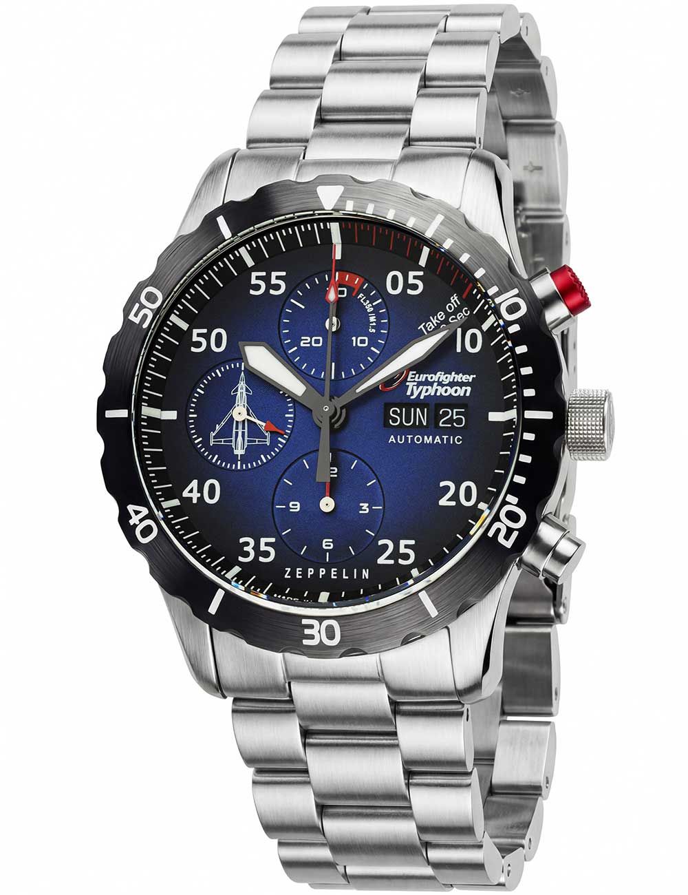Zeppelin Herrenuhr mit blauem Zifferblatt, Edelstahlarmband und Chronograph-Optik