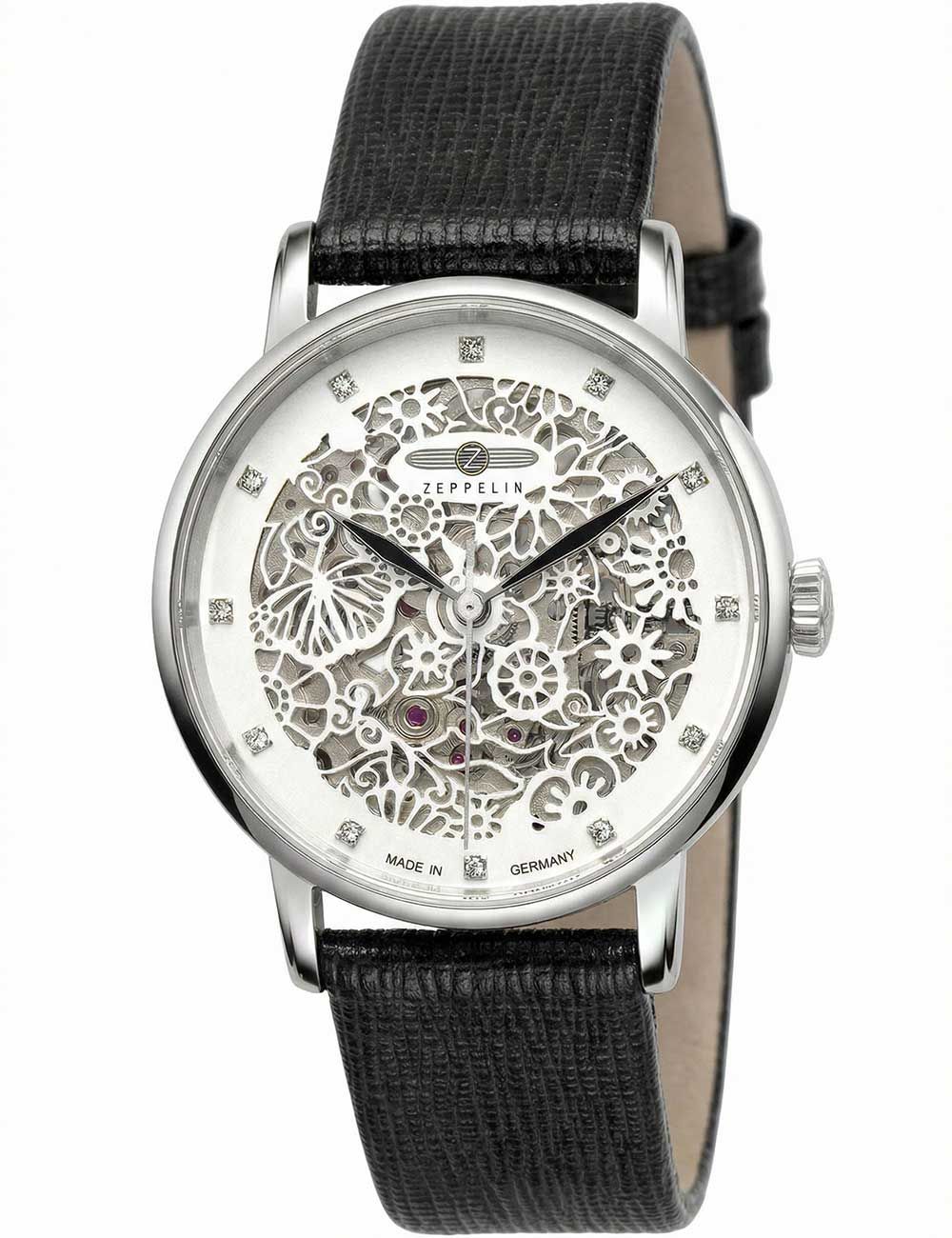 Damen Armbanduhr mit schwarzem Lederarmband und silbernem Skelettzifferblatt, Edelstahlgehäuse