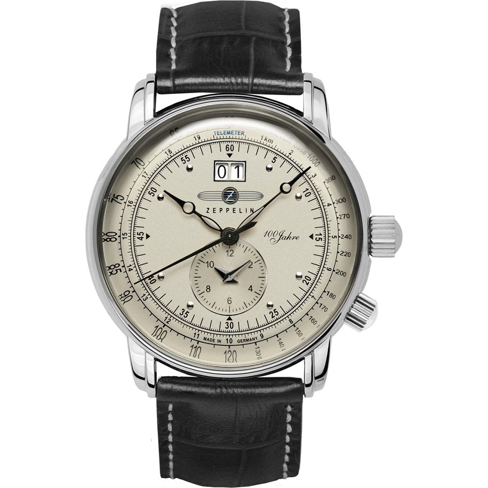 Herrenarmbanduhr mit schwarzem Lederband, silbernem Gehäuse und beigem Zifferblatt.