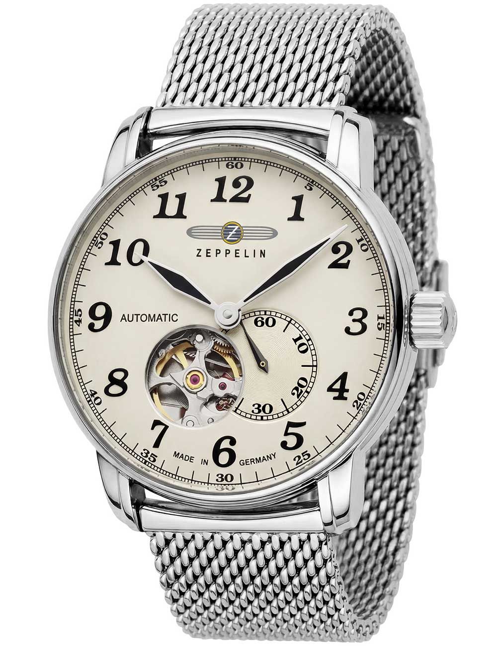 Zeppelin Herrenuhr mit hellem Zifferblatt und Edelstahl-Meshband, Open-Heart sichtbar