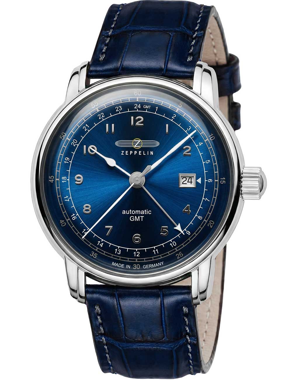 Herrenarmbanduhr mit blauem Zifferblatt, Lederarmband und Automatik-GMT-Display