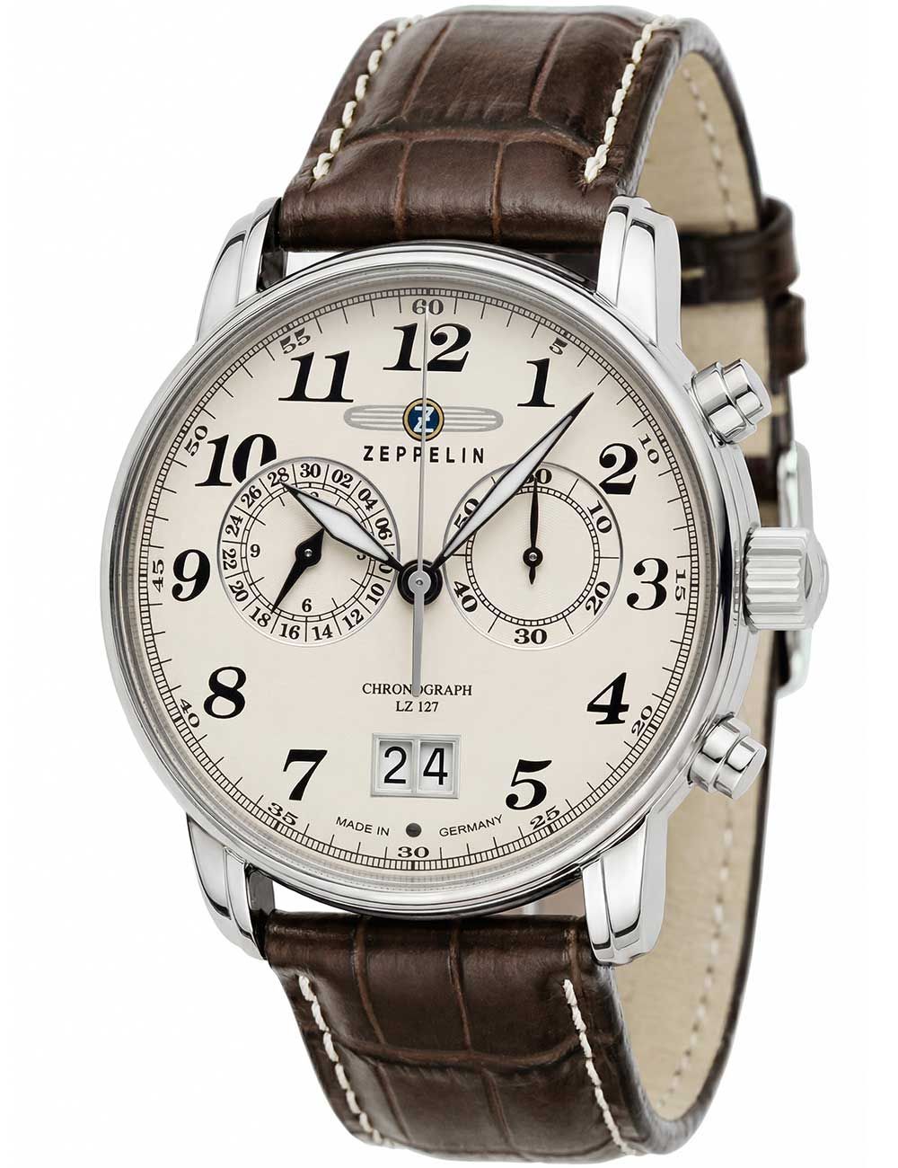 Herren-Chronograph von Zeppelin: braunes Lederarmband, silbernes Zifferblatt mit Chrono-Subdials