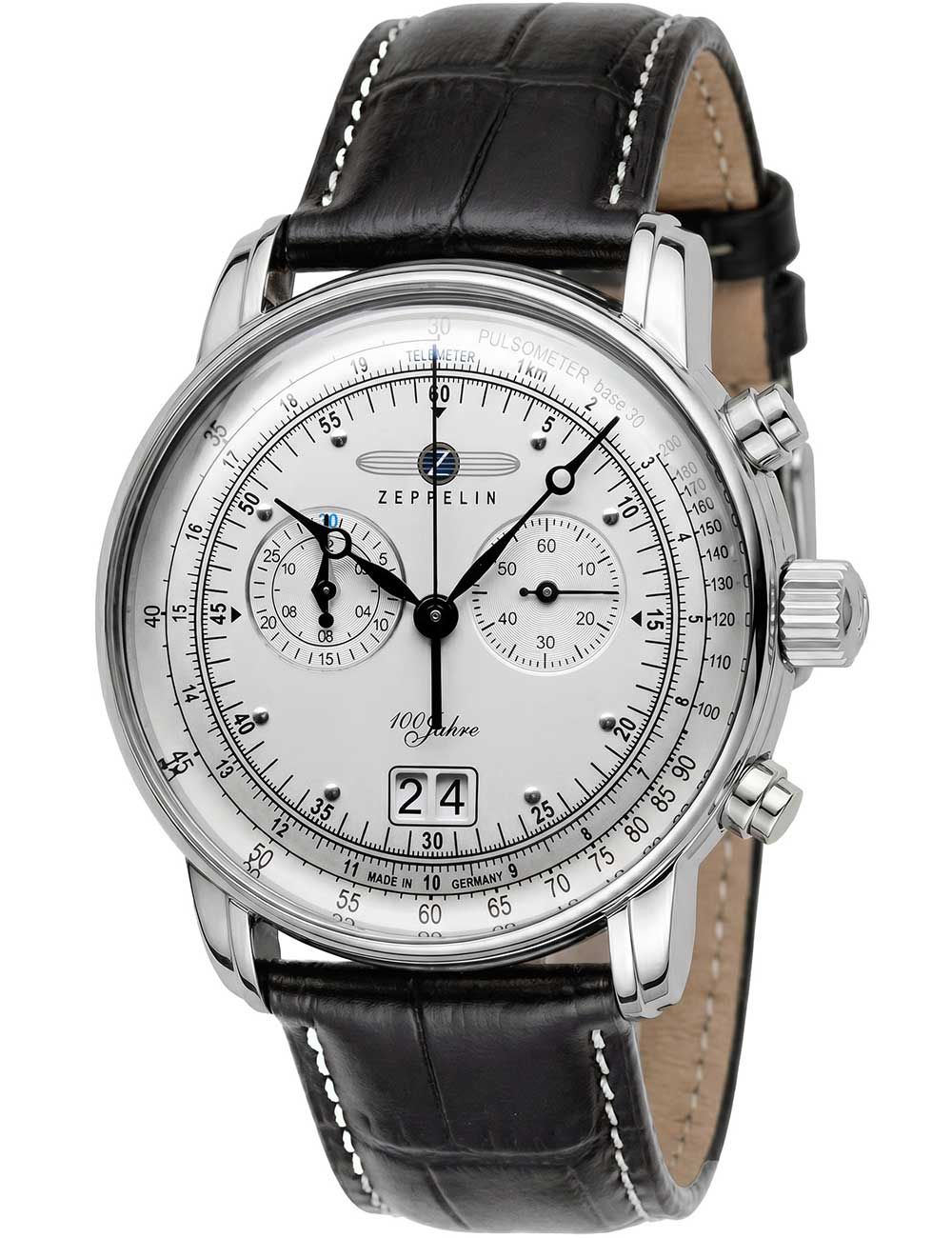 Herren-Chronograph mit schwarzem Lederarmband, silbernem Gehäuse und weißem Zifferblatt