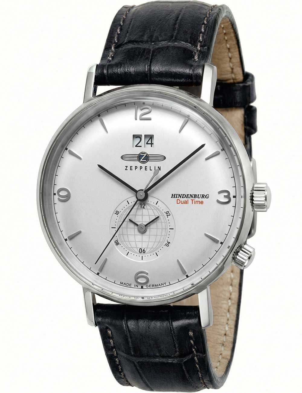 Herrenarmbanduhr Zeppelin mit silbernem Gehäuse, schwarzem Lederband und Zifferblatt